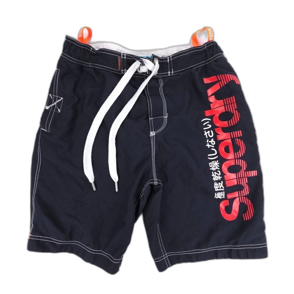 SUPERDRY 10" Logo Swim Sport Trunks Lined Board Shorts Black Mens XL 90s y2k